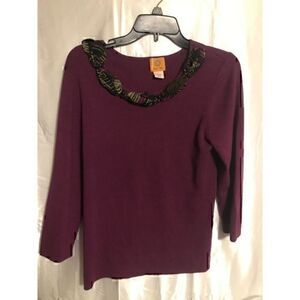 Ruby Rd Scarf Beaded Neckline Burgundy Crew neck Sweater L